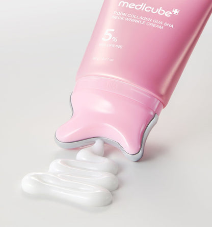 Medicube PDRN Collagen Gua Sha Neck Wrinkle Cream tube in pink with white cream swirl 90 g Seoulia on Tampa Home & Garden Store