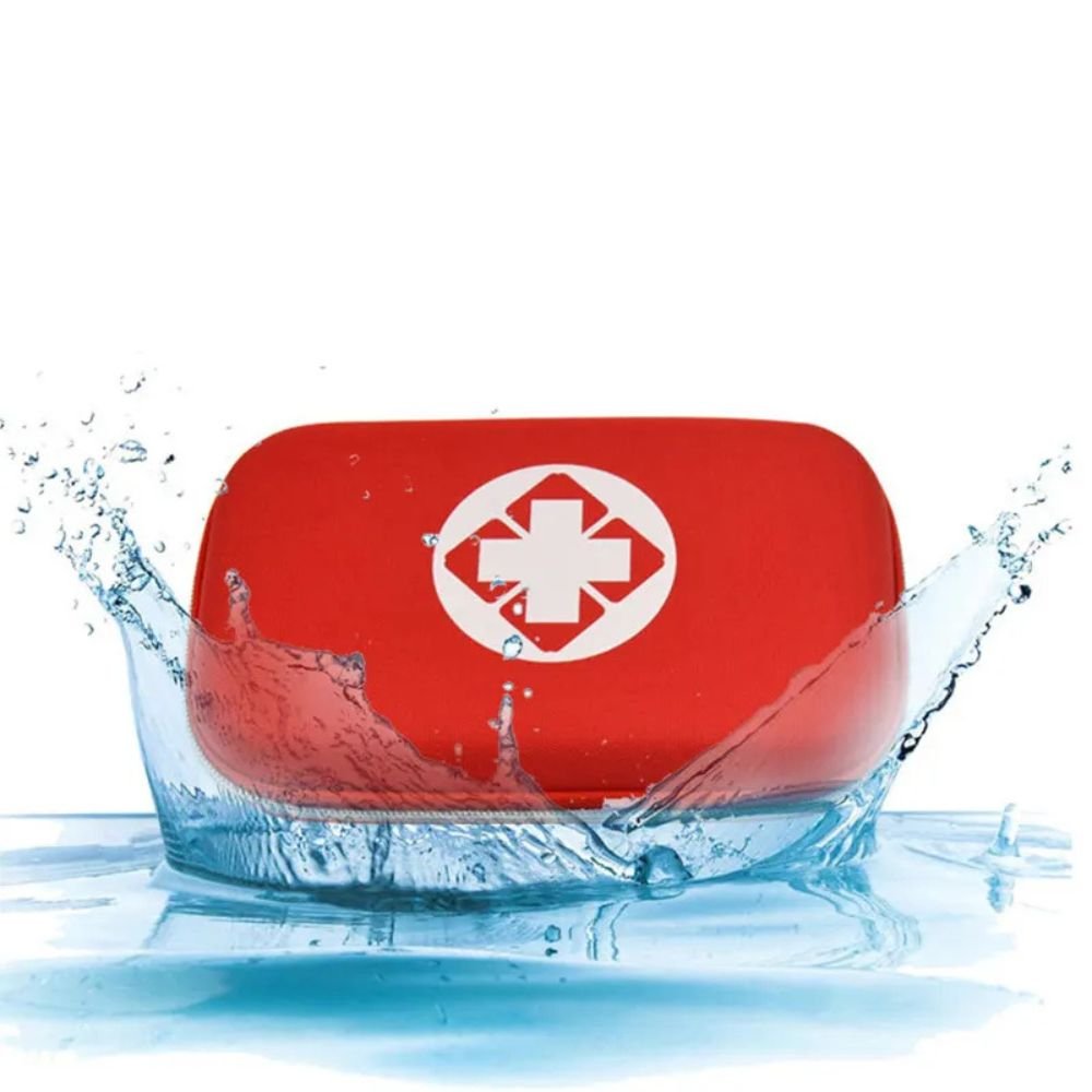 63-Piece First Aid Kit by Outdoorzees in red semi-hard case with white cross logo, water splash on Tampa Home & Garden Store