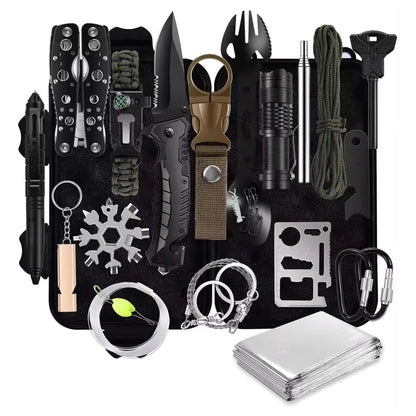 Outdoorzees 31-piece survival gear kit in bag with multitool, knife, flashlight, paracord on Tampa Home & Garden Store