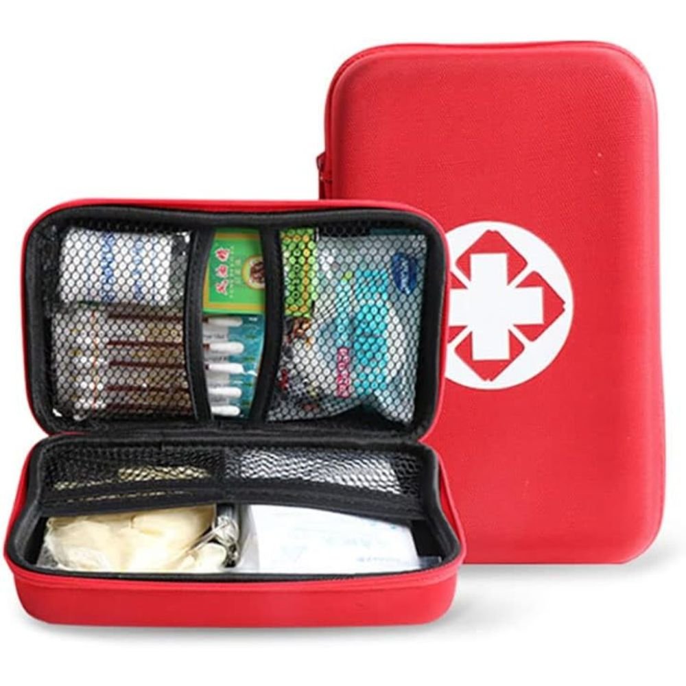 63-Piece First Aid Kit by Outdoorzees in red semi-hard case with mesh pocket organizers on Tampa Home & Garden Store