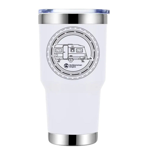 Camping Kaleidoscope 30oz tumbler white with black camper graphic and Outdoorsman Empire on Tampa Home & Garden Store