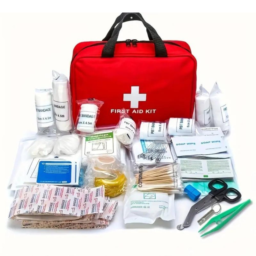 Outdoorzees 173pcs Large First Aid Kit in red bag with white cross and essential outdoor supplies on Tampa Home & Garden Store