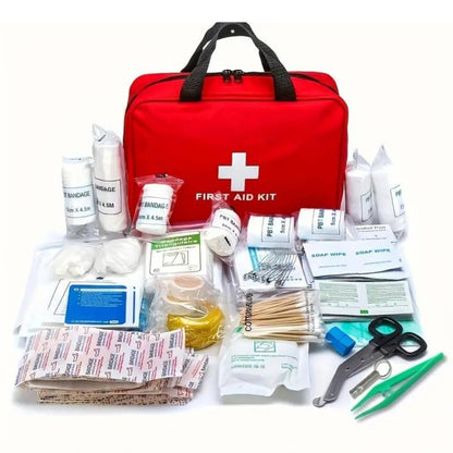 Outdoorzees 173pcs Large First Aid Kit in red bag with white cross and essential outdoor supplies on Tampa Home & Garden Store