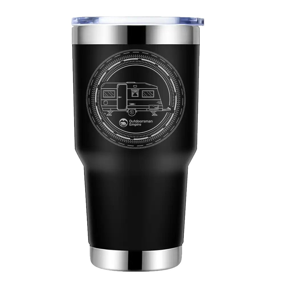 Camping Kaleidoscope 30oz insulated tumbler Outdoorzees black with white caravan graphic on Tampa Home & Garden Store