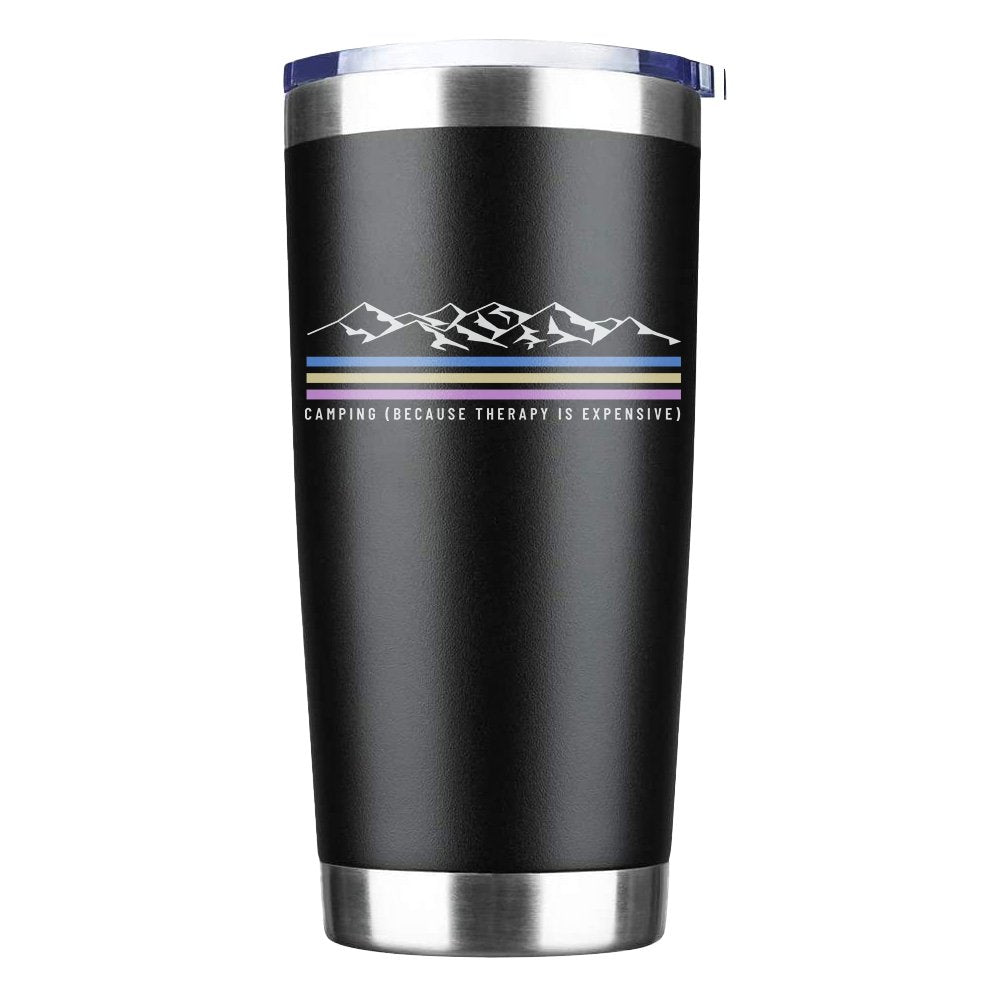 Outdoorzees 20oz insulated tumbler, black with mountain graphic and pastel stripes on Tampa Home & Garden Store.