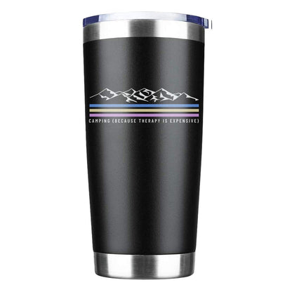 Outdoorzees 20oz insulated tumbler, black with mountain graphic and pastel stripes on Tampa Home & Garden Store.