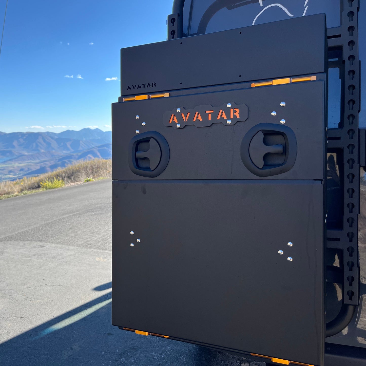 Avatar Niko Van Storage Box on rugged vehicle rack with orange latch details avatar offroad on Tampa Home & Garden Store