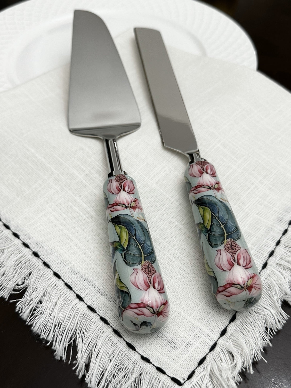 Vibhsa floral cake knife & server set with mint meenakari handles, stainless blades, 2-piece on Tampa Home & Garden Store