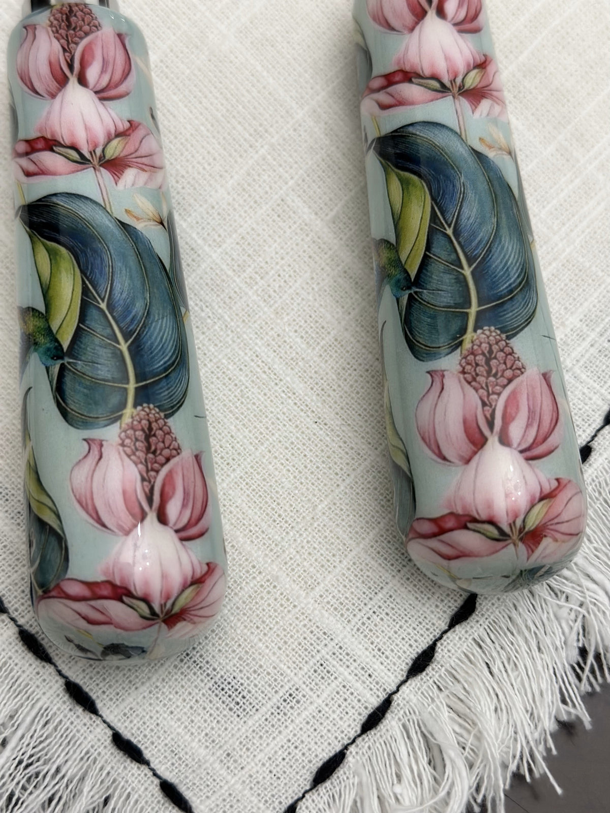 Floral cake cutting knife and server set by Vibhsa with mint meenakari work, two handles on Tampa Home & Garden Store