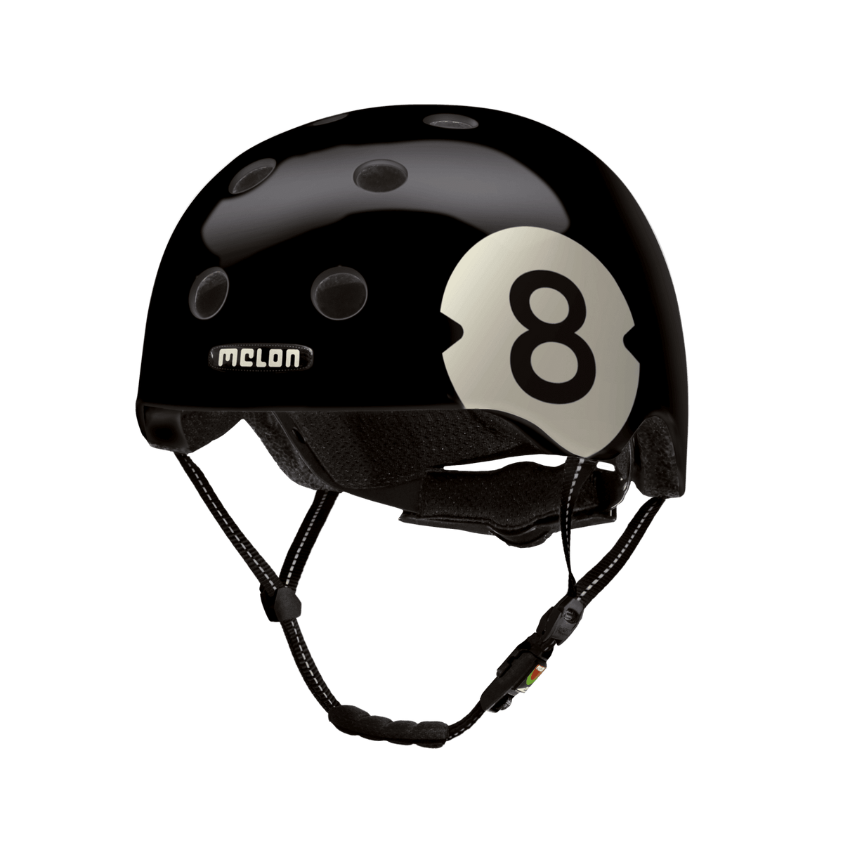 8 Ball helmet by Melon Helmets USA, glossy black with white 8 graphic and adjustable straps on Tampa Home & Garden Store