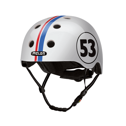 Beetle bicycle helmet, white with red and blue racing stripe, Melon Helmets USA logo on Tampa Home & Garden Store