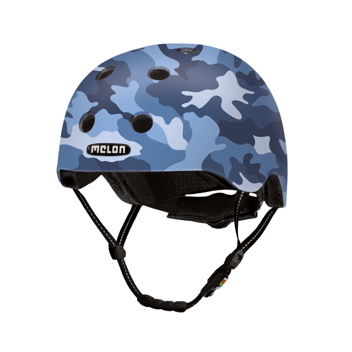 Camo Blue Melon bicycle helmet with blue camouflage pattern ventilated shell, adjustable straps on Tampa Home & Garden Store