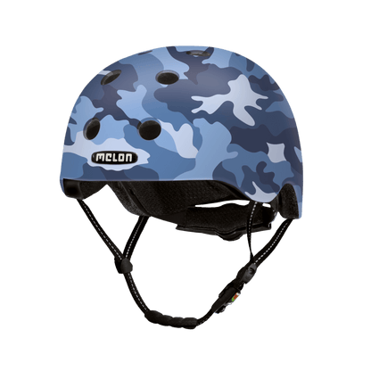 Camo Blue Melon bicycle helmet with blue camouflage pattern ventilated shell, adjustable straps on Tampa Home & Garden Store