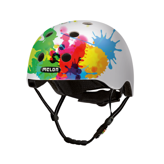 Colorsplash bicycle helmet rainbow paint splatters on white shell by Melon Helmets USA on Tampa Home & Garden Store