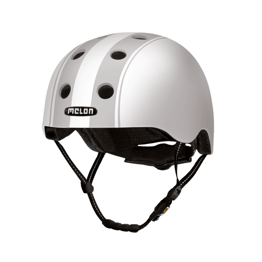 Double Grey bicycle helmet by Melon, white shell with grey racing stripe, vent holes on Tampa Home & Garden Store