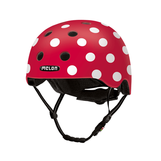 Dotty White bicycle helmet red with white polka dots Melon Helmets adjustable straps on Tampa Home & Garden Store