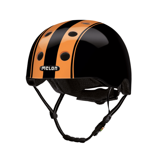 Melon helmet Double Orange bicycle helmet with orange and black stripes and logo on strap on Tampa Home & Garden Store