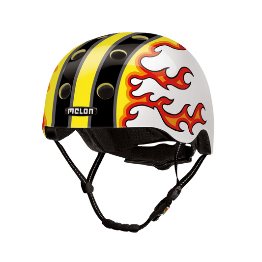 Fired Up bicycle helmet by Melon Helmets USA; white shell with yellow stripes and red flame art on Tampa Home & Garden Store
