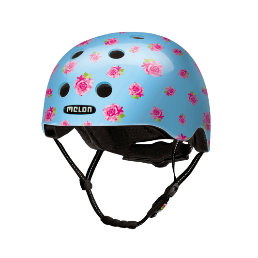 Flying Roses bicycle helmet blue with pink rose print by Melon Helmets, USA on Tampa Home & Garden Store