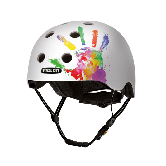Handprint bicycle helmet by Melon Helmets USA, white shell with colorful handprint artwork on Tampa Home & Garden Store
