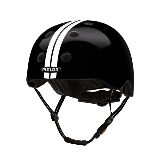 Race Days Black Melon helmet with white dual stripes, glossy shell, adjustable straps on Tampa Home & Garden Store