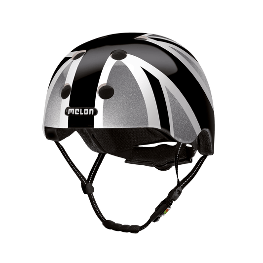 Union Jack bicycle helmet by Melon Helmets, USA with black and white striped design on Tampa Home & Garden Store