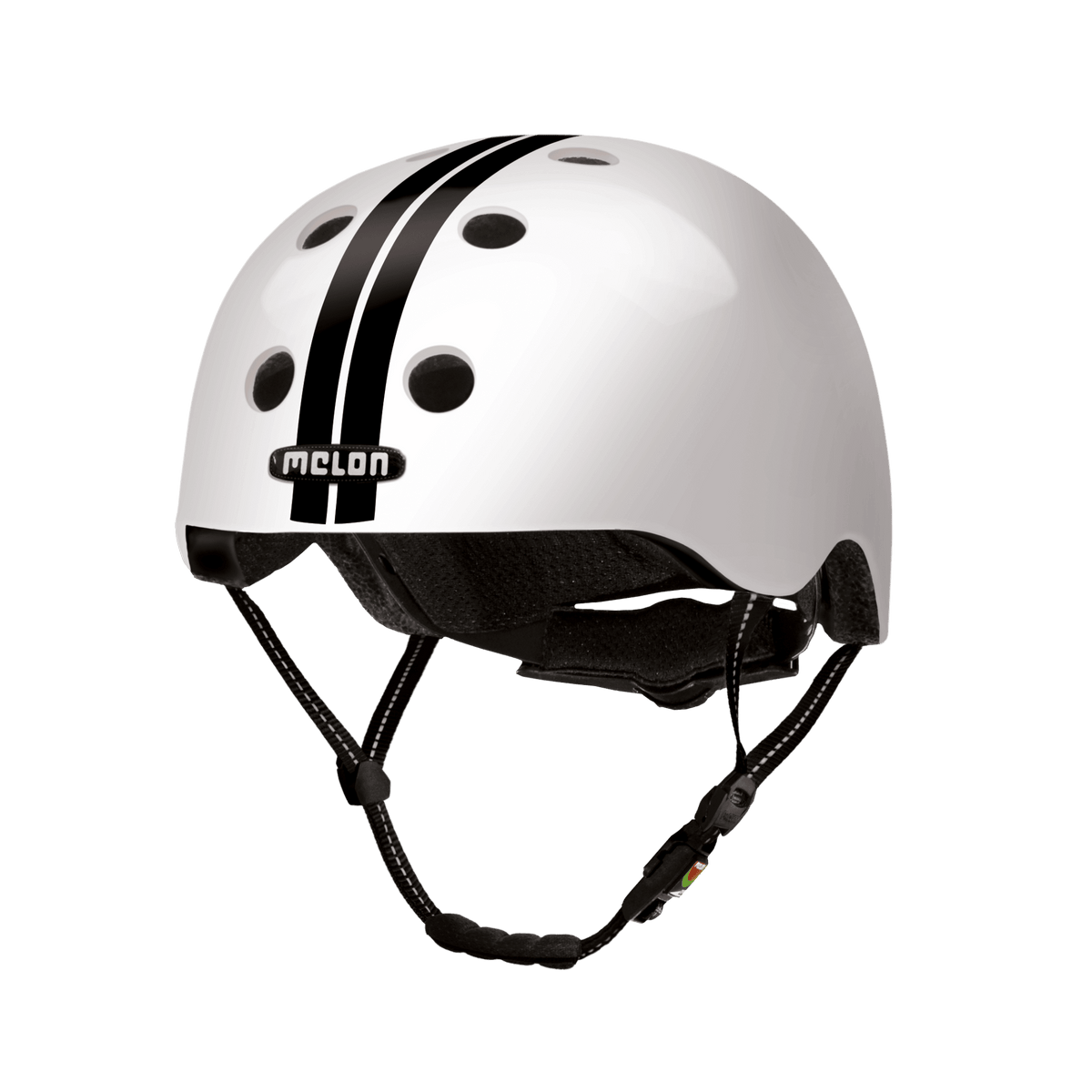 Race Days White bicycle helmet by Melon Helmets USA with black stripes and vent holes on Tampa Home & Garden Store