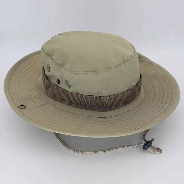 Stevvex tan canvas men's adjustable sun hat with wide brim and chin cord, one size on Tampa Home & Garden Store