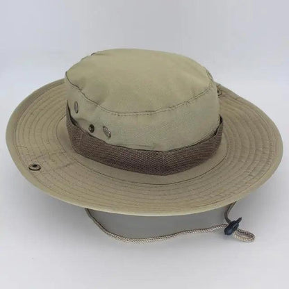 Stevvex tan canvas men's adjustable sun hat with wide brim and chin cord, one size on Tampa Home & Garden Store