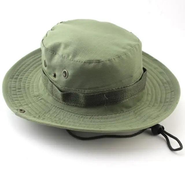 Stevvex olive green camouflage sun hat with wide brim and adjustable chin cord on Tampa Home & Garden Store