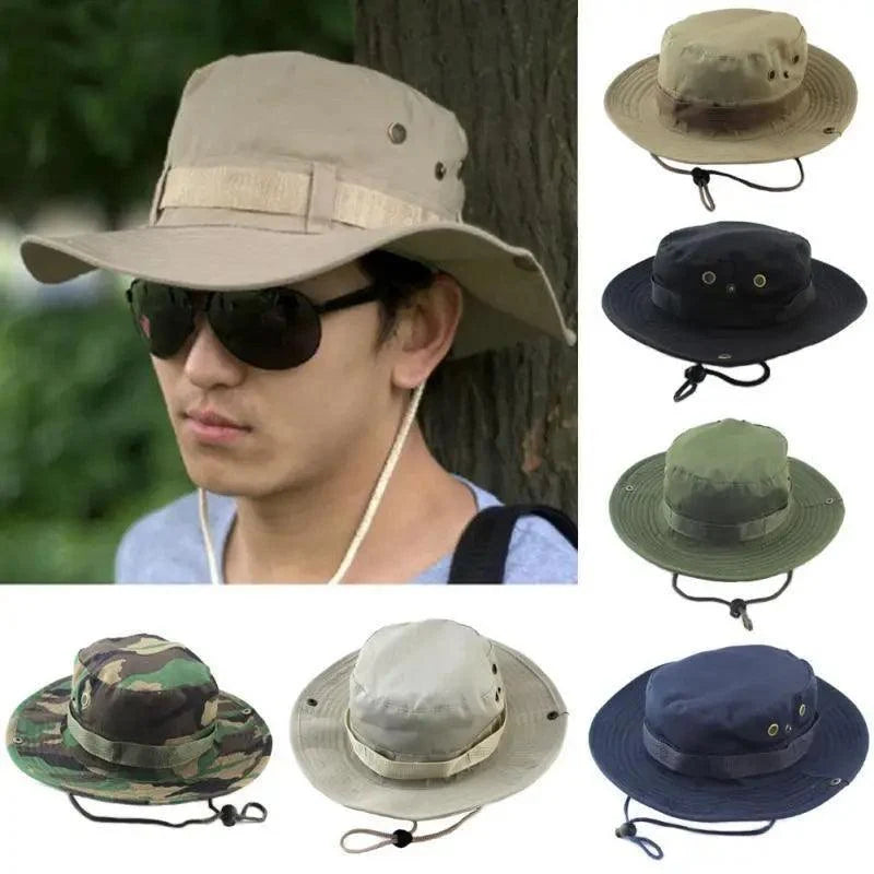 Stevvex men's adjustable sun hats: 6 wide-brim caps including camouflage with chin straps on Tampa Home & Garden Store