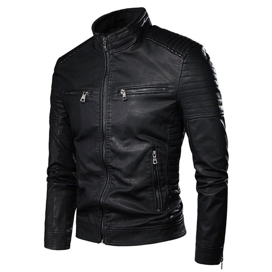 Stevvex men's black PU leather motorcycle jacket with quilted shoulders and zip pockets on Tampa Home & Garden Store