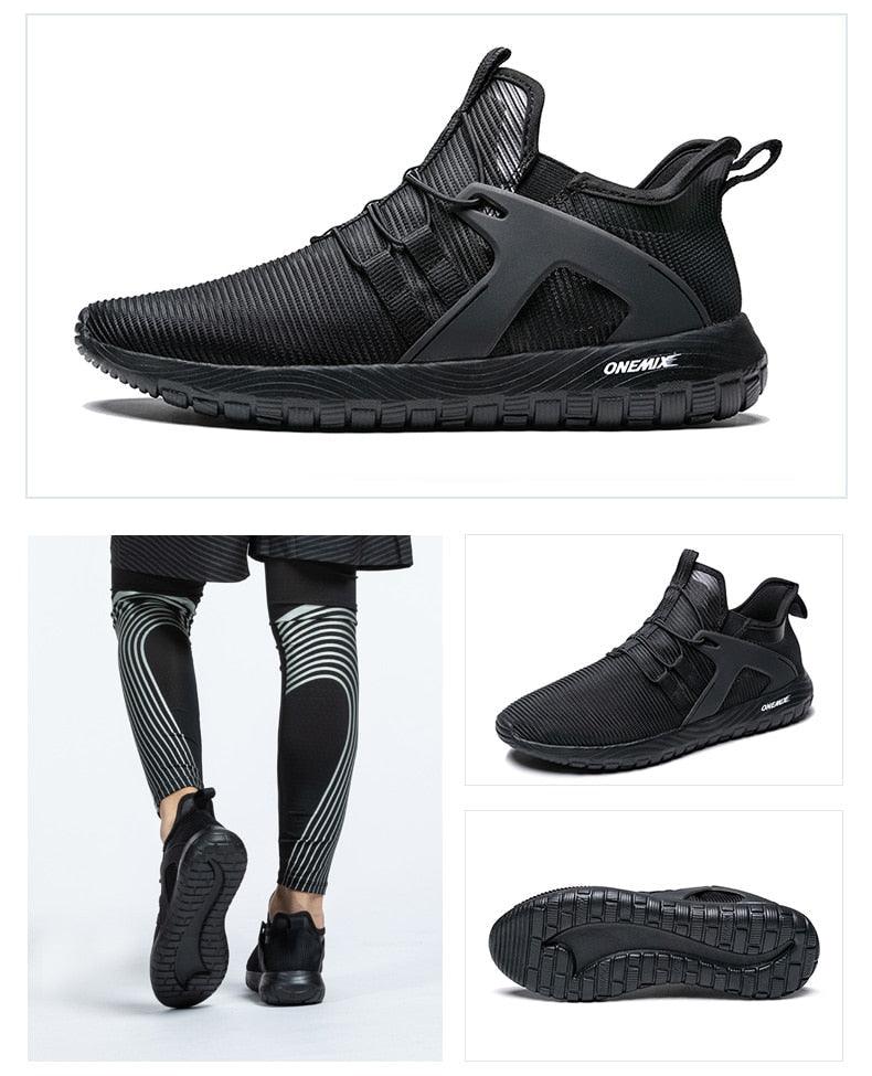 Stevvex men's black running shoes with breathable mesh and ONEMIX logo on the sole on Tampa Home & Garden Store