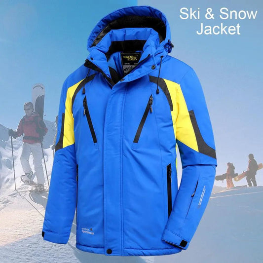 Stevvex men's blue winter outdoor jacket with yellow panels, waterproof, hooded on Tampa Home & Garden Store
