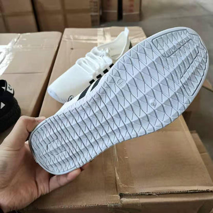 Mens breathable mesh sneakers with white upper and black side stripes, lace-up runners on Tampa Home & Garden Store