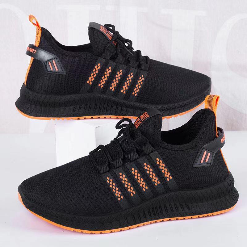 Stevvex men's breathable mesh sneakers, black with orange accents, lace-up trainers on Tampa Home & Garden Store