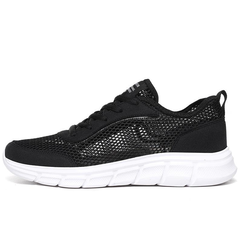 Stevvex men's black mesh sneakers with breathable upper and white cushioned sole on Tampa Home & Garden Store
