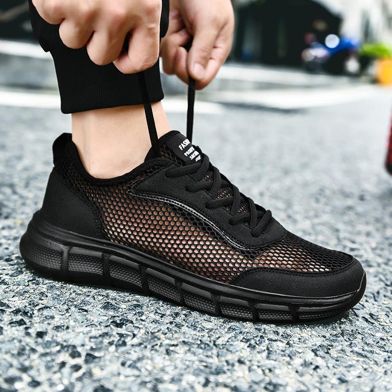 Stevvex men's black mesh sneakers with breathable upper and cushioned chunky sole on Tampa Home & Garden Store