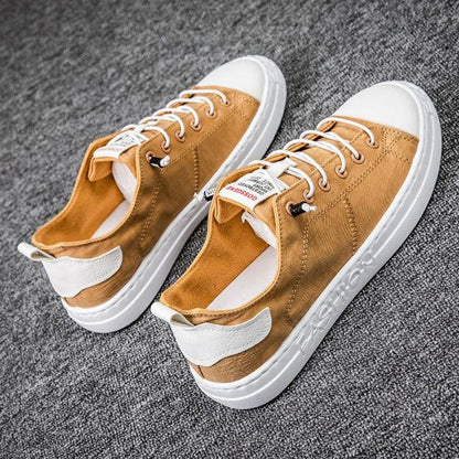 Stevvex canvas sneakers tan brown lace-up low-top shoes with white soles pair on Tampa Home & Garden Store
