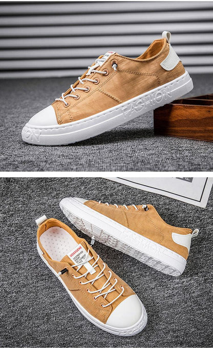 Stevvex tan canvas sneakers, low-top with white toe cap, lace-up, white sole Fashion pair on Tampa Home & Garden Store