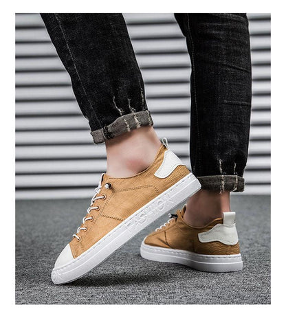 Stevvex men casual canvas sneakers tan brown with white sole lace-up low-top walking shoes on Tampa Home & Garden Store