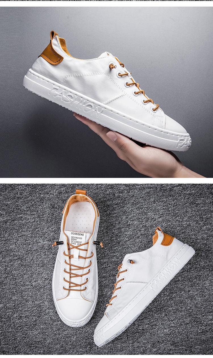 Stevvex white canvas sneakers with tan brown heel patch, lace-up low-top casual shoes on Tampa Home & Garden Store