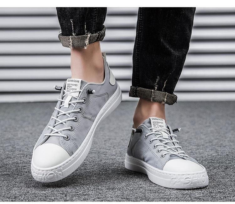 Stevvex grey canvas sneakers pair with white toe caps and rubber sole, lace-up casual shoes on Tampa Home & Garden Store