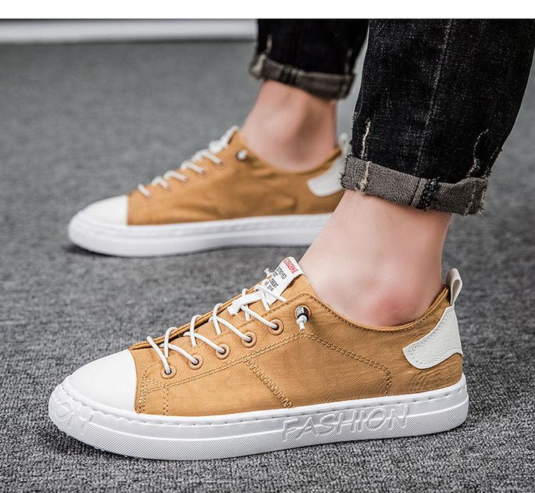 Mens tan canvas sneakers low-top with white toe cap and lace-up design, Stevvex on Tampa Home & Garden Store
