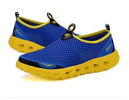 Stevvex men's blue breathable mesh sneakers with yellow sole, slip-on casual walking pair on Tampa Home & Garden Store