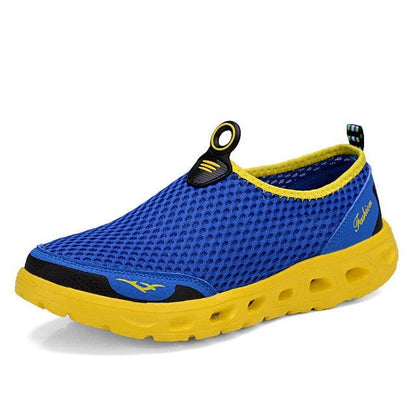 Men's Stevvex blue mesh slip-on sneakers with yellow outsole for breathable summer walking on Tampa Home & Garden Store
