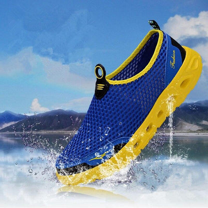 Men casual sneakers Stevvex blue mesh summer walking shoe with yellow sole on Tampa Home & Garden Store