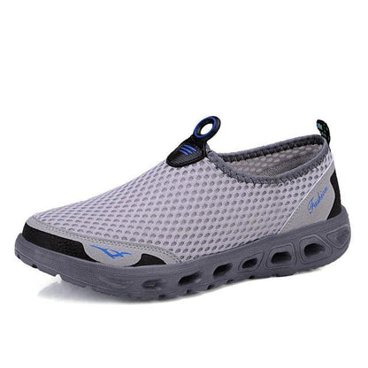 Stevvex men's mesh slip-on sneakers, light gray breathable walking shoes with blue accents on Tampa Home & Garden Store