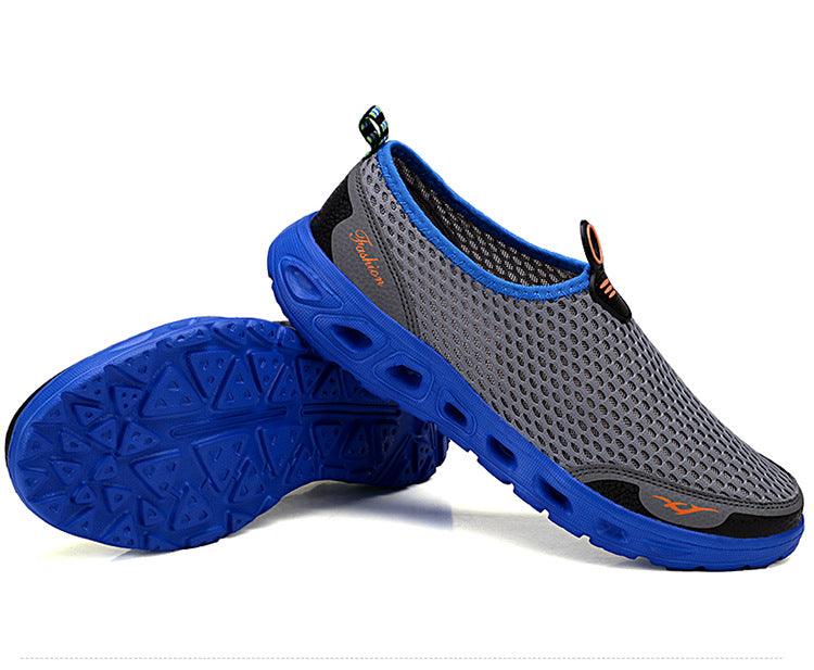 Stevvex men's sneakers gray mesh upper with blue outsole slip-on walking shoes pair on Tampa Home & Garden Store