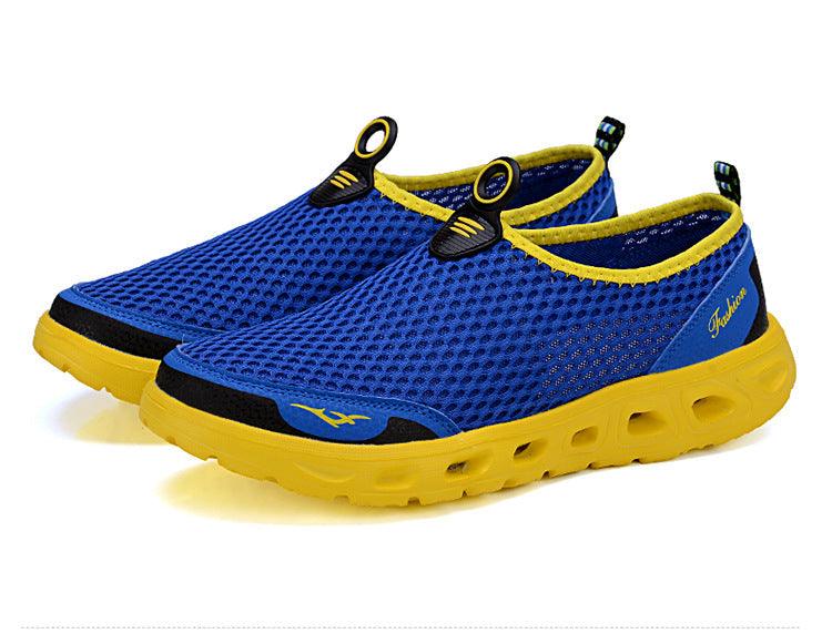 Stevvex men's sneakers blue breathable mesh upper yellow sole slip-on walking shoes pair on Tampa Home & Garden Store